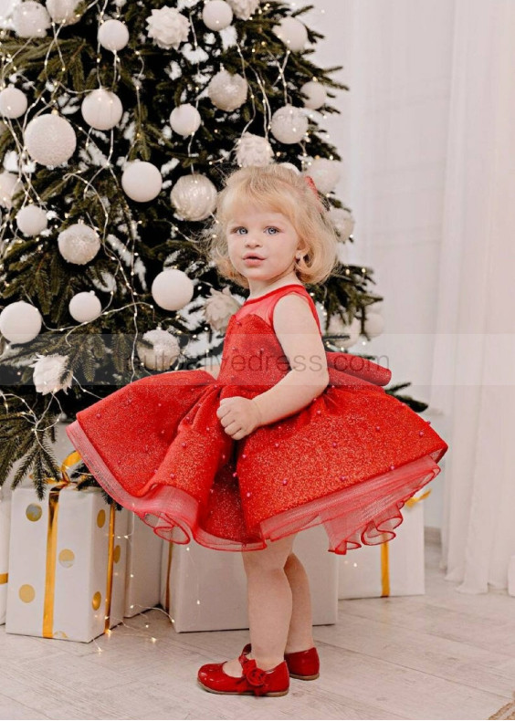 Red Tulle Sparkly Pearl Embellished Flower Girl Dress